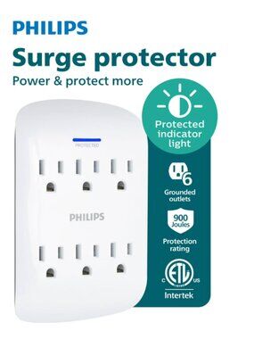 Philips 6-Outlet Surge Protector Tap, 900 Joules, Space Saving Design, 3-Prong